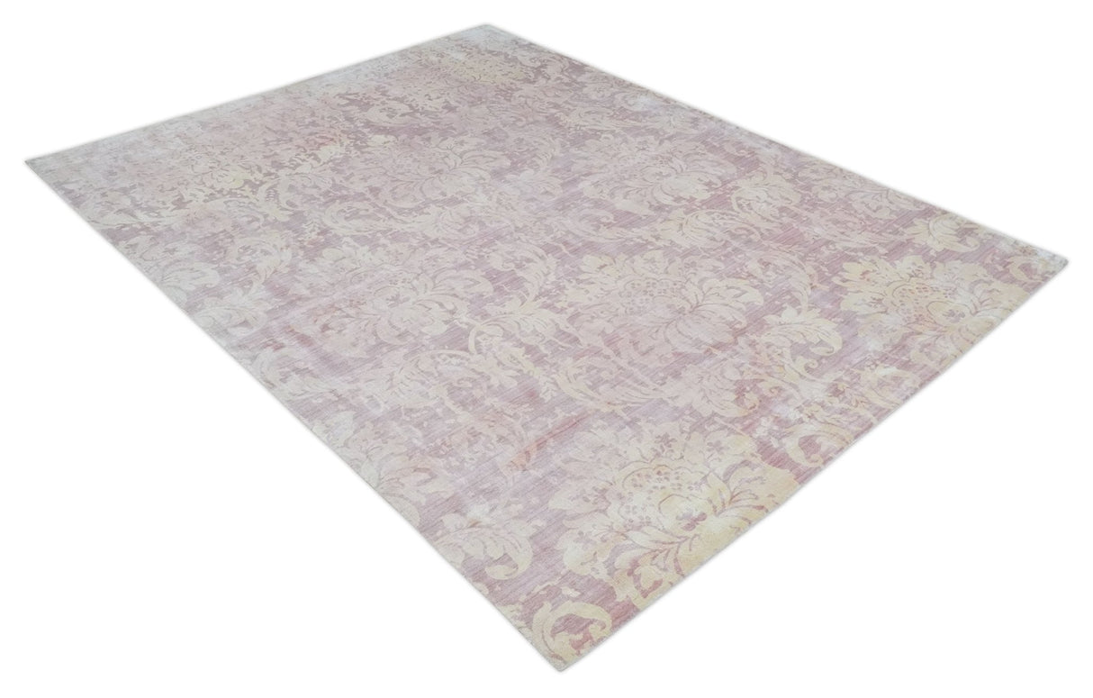 8x10 Pink and Beige Hand Loomed Damask Design Bamboo Silk Area Rug