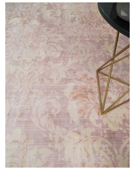 8x10 Pink and Beige Hand Loomed Damask Design Bamboo Silk Area Rug