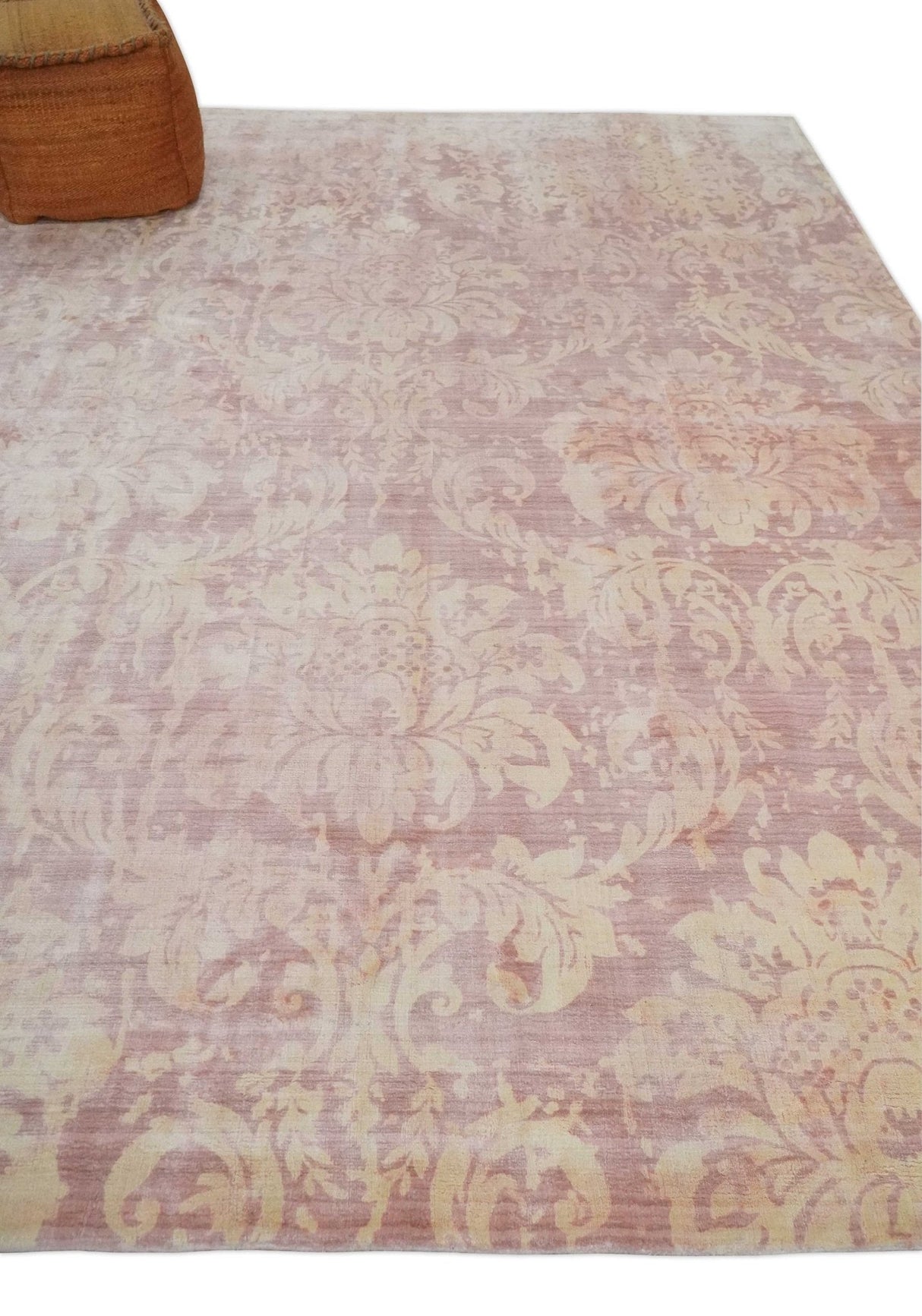 8x10 Pink and Beige Hand Loomed Damask Design Bamboo Silk Area Rug