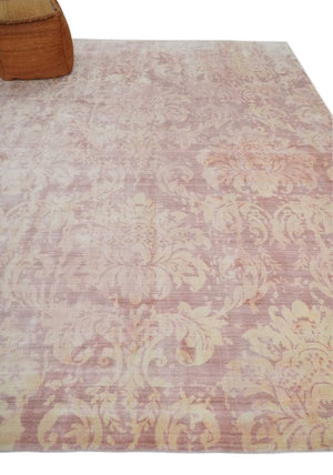 8x10 Pink and Beige Hand Loomed Damask Design Bamboo Silk Area Rug