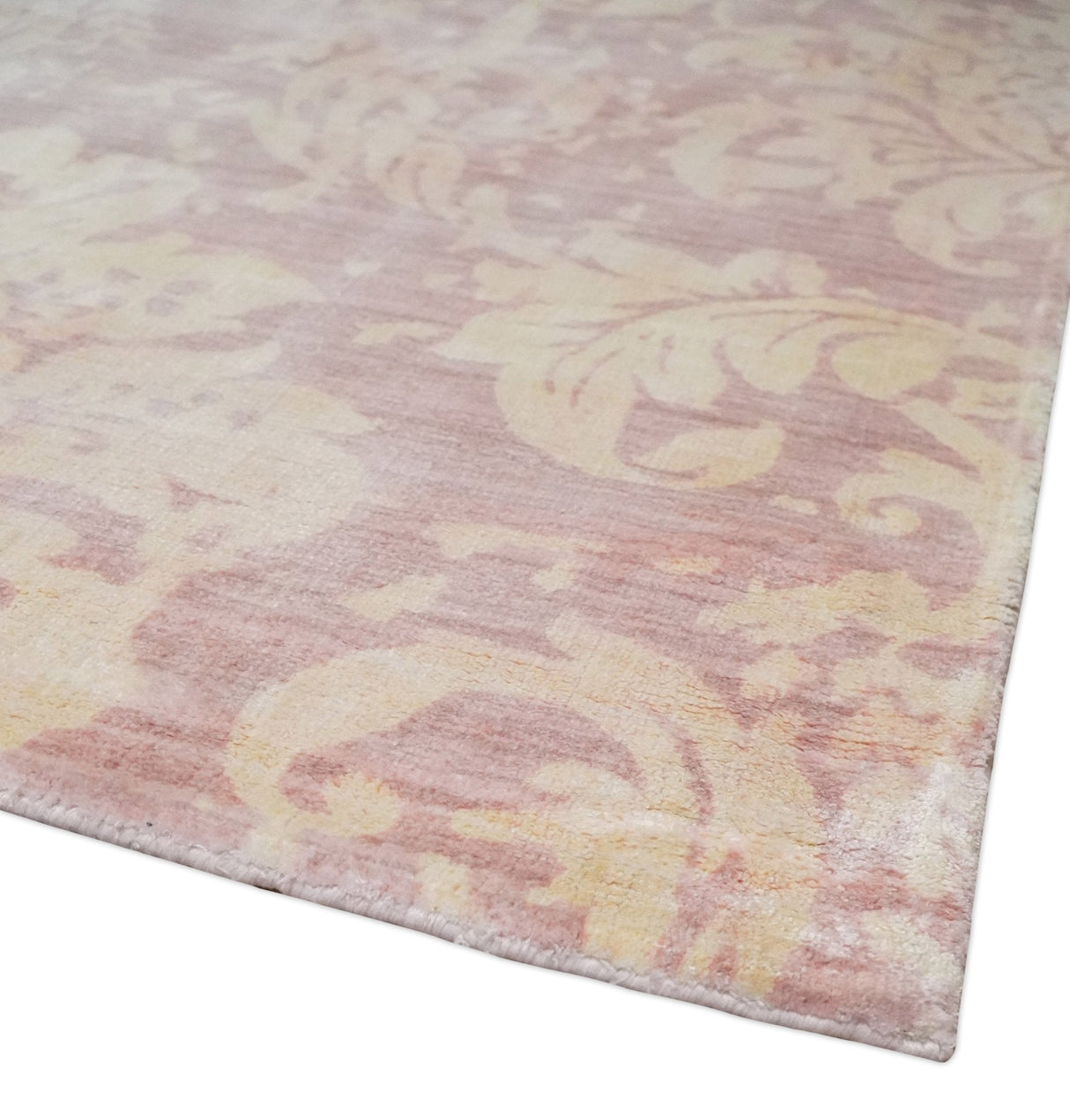 8x10 Pink and Beige Hand Loomed Damask Design Bamboo Silk Area Rug