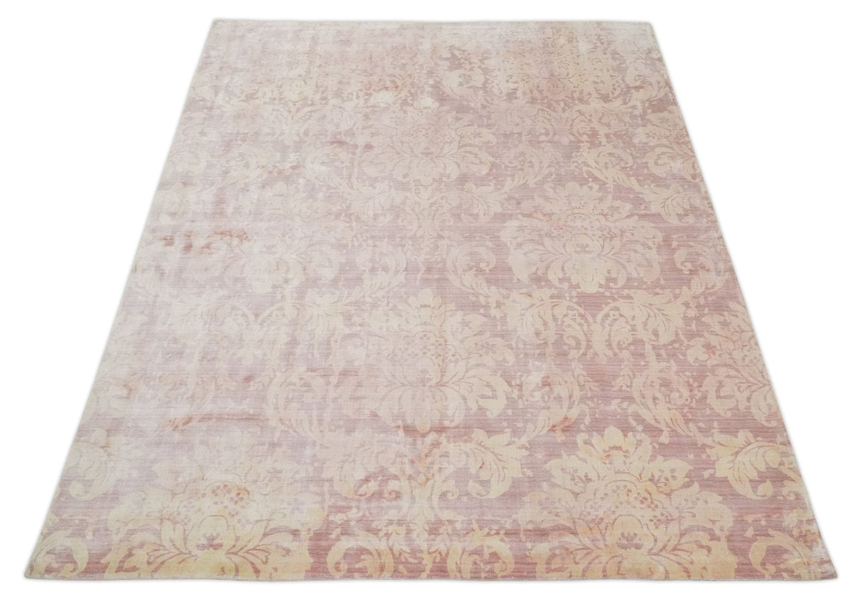 8x10 Pink and Beige Hand Loomed Damask Design Bamboo Silk Area Rug