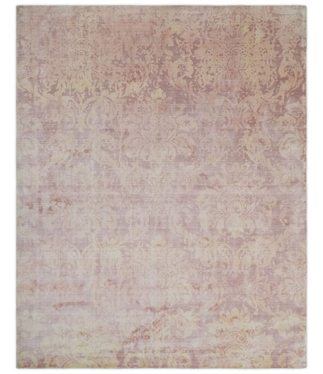 8x10 Pink and Beige Hand Loomed Damask Design Bamboo Silk Area Rug