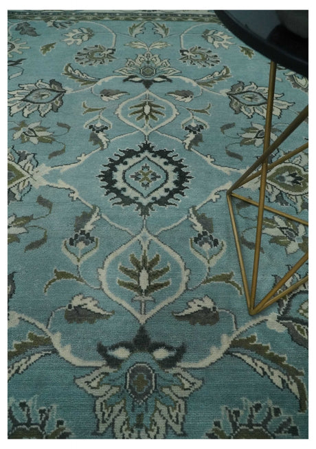 8x10 Premium Blue, Ivory and Green Traditional Floral Hand knotted wool Area Rug