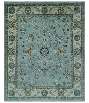 8x10 Premium Blue, Ivory and Green Traditional Floral Hand knotted wool Area Rug