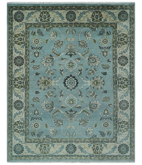 8x10 Premium Blue, Ivory and Green Traditional Floral Hand knotted wool Area Rug