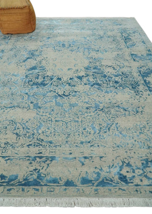 8x10 Premium Hand knotted Blue and Beige Traditional wool and Silk Area Rug