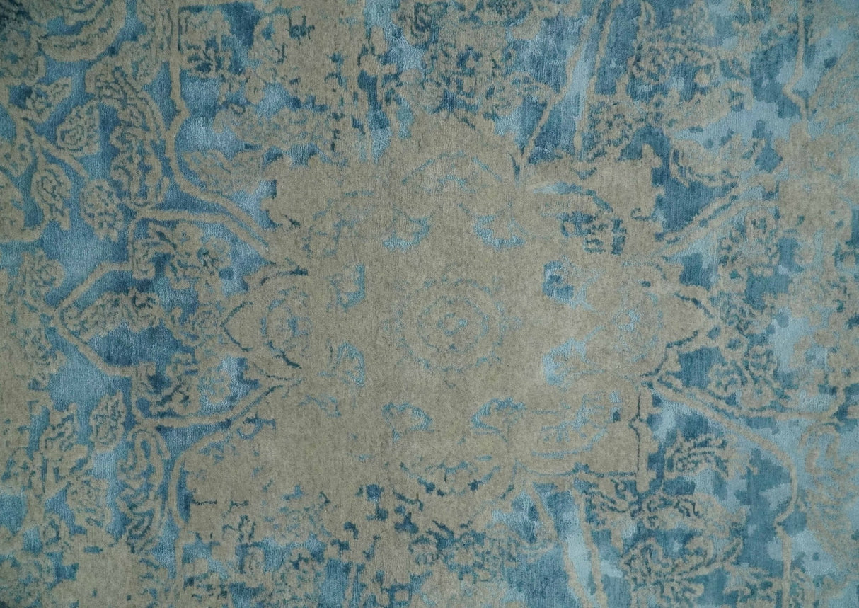 8x10 Premium Hand knotted Blue and Beige Traditional wool and Silk Area Rug