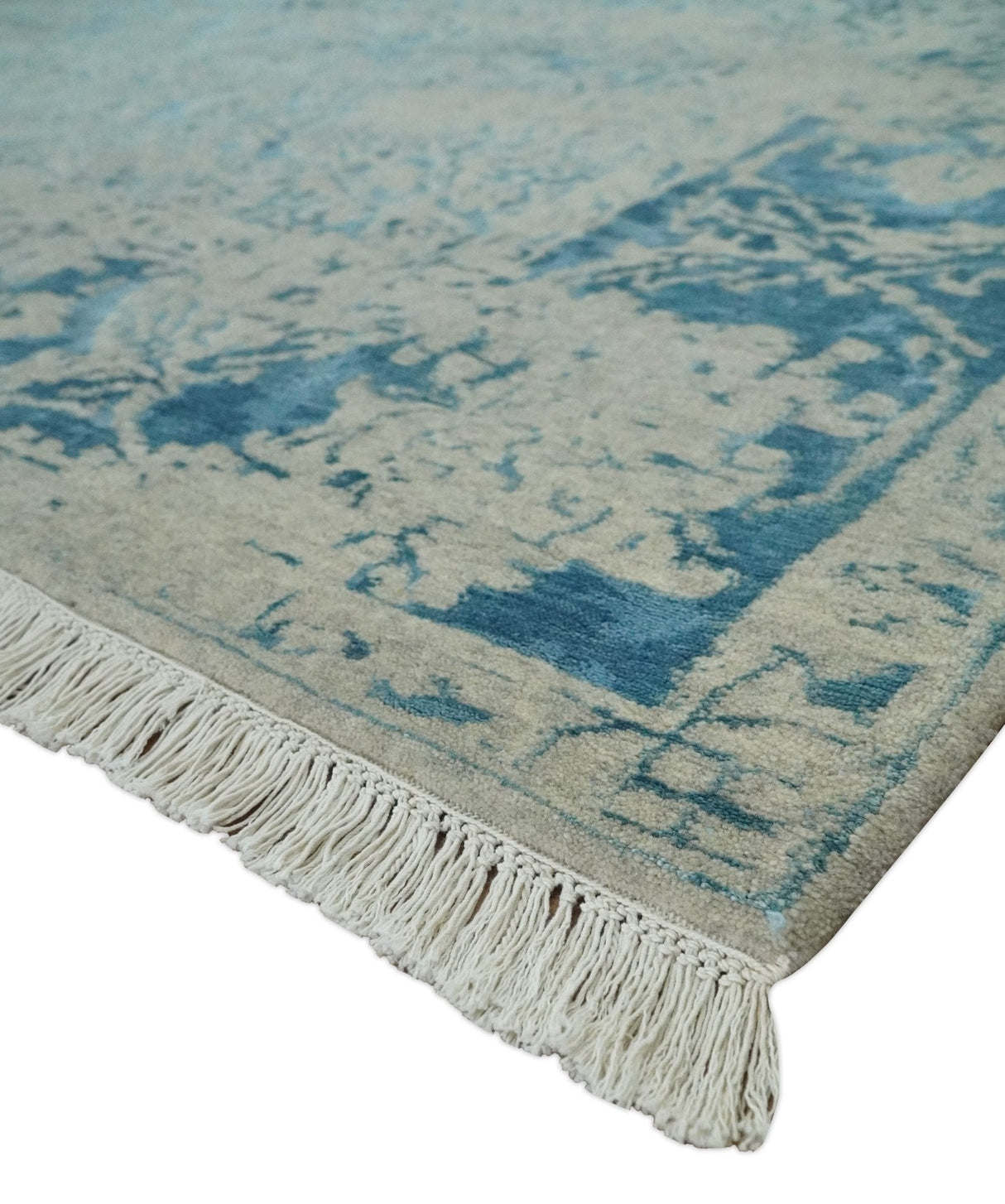 8x10 Premium Hand knotted Blue and Beige Traditional wool and Silk Area Rug