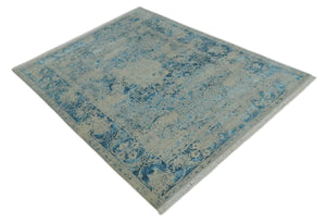 8x10 Premium Hand knotted Blue and Beige Traditional wool and Silk Area Rug