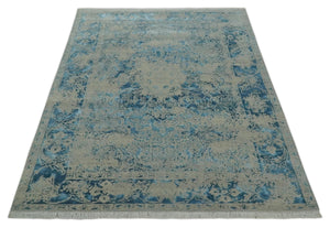 8x10 Premium Hand knotted Blue and Beige Traditional wool and Silk Area Rug