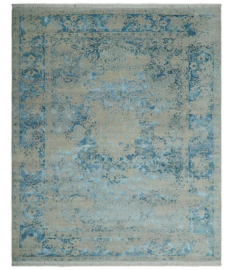8x10 Premium Hand knotted Blue and Beige Traditional wool and Silk Area Rug