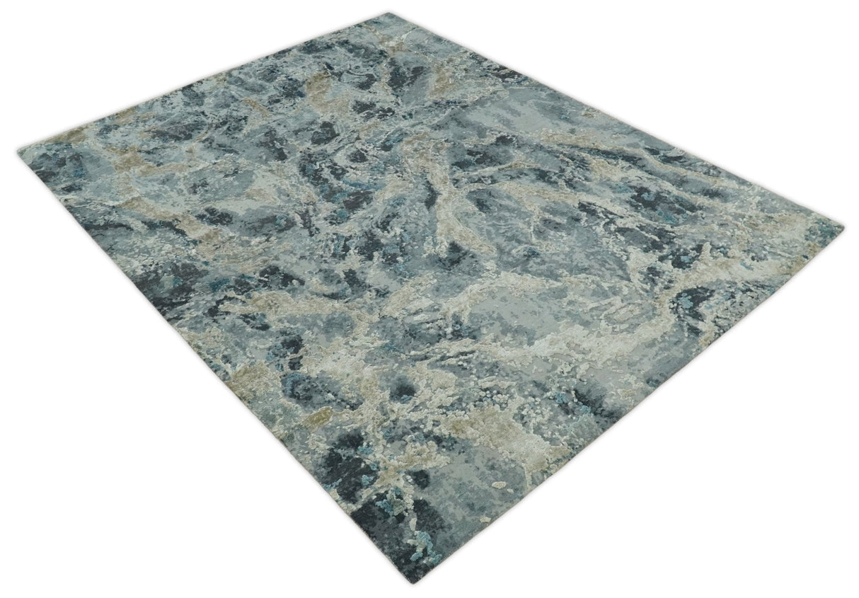 8x10 Rug | One of a Kind Blue and Silver Bamboo Silk Hand Made Modern Abstract Area Rug | SK29