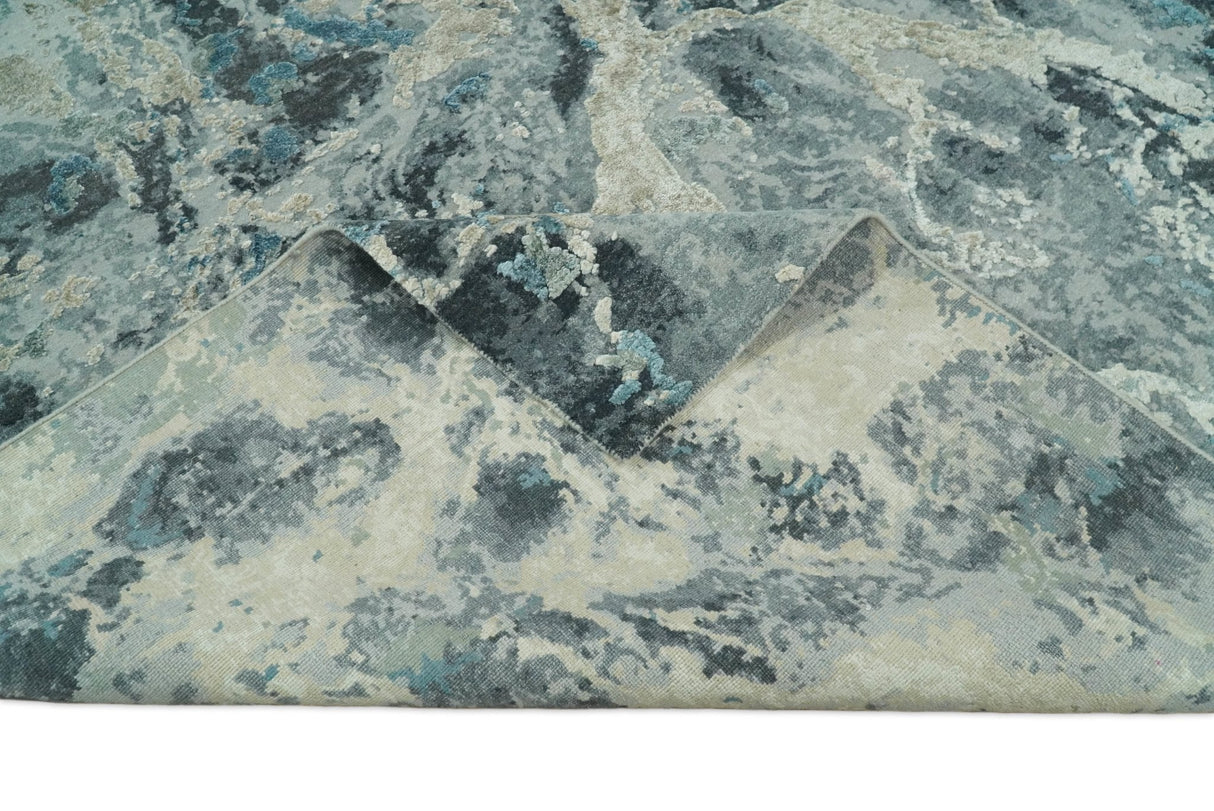 8x10 Rug | One of a Kind Blue and Silver Bamboo Silk Hand Made Modern Abstract Area Rug | SK29