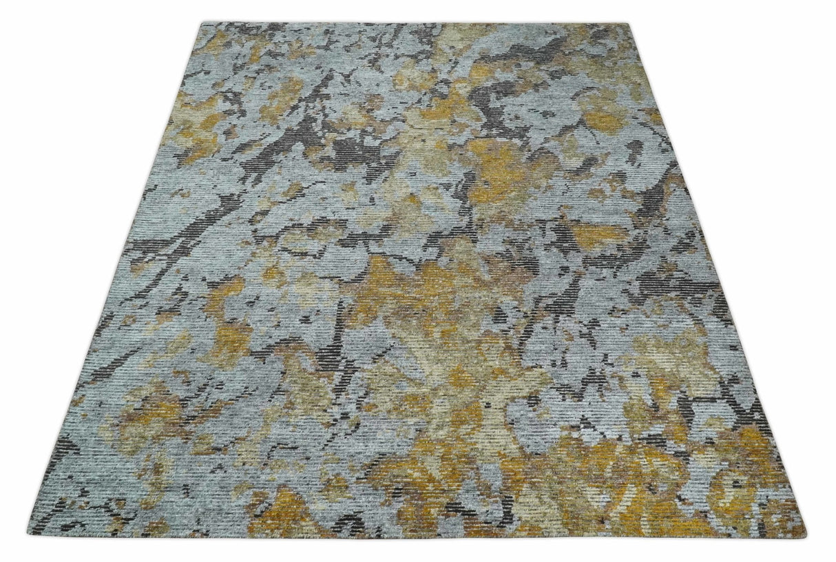 8x10 Silver, Charcoal and Gold Modern Abstract Handmade Wool and Art Silk Area Rug