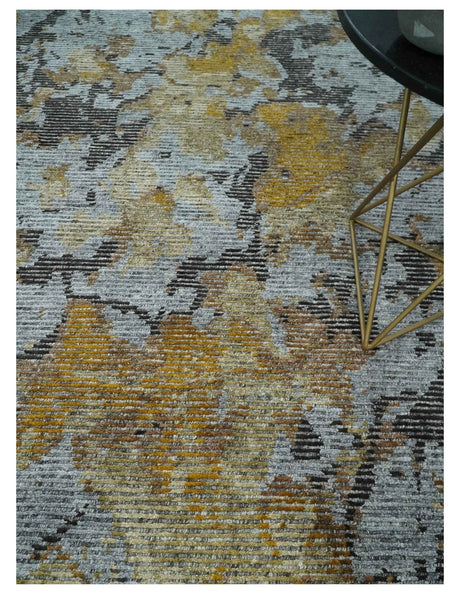 8x10 Silver, Charcoal and Gold Modern Abstract Handmade Wool and Art Silk Area Rug
