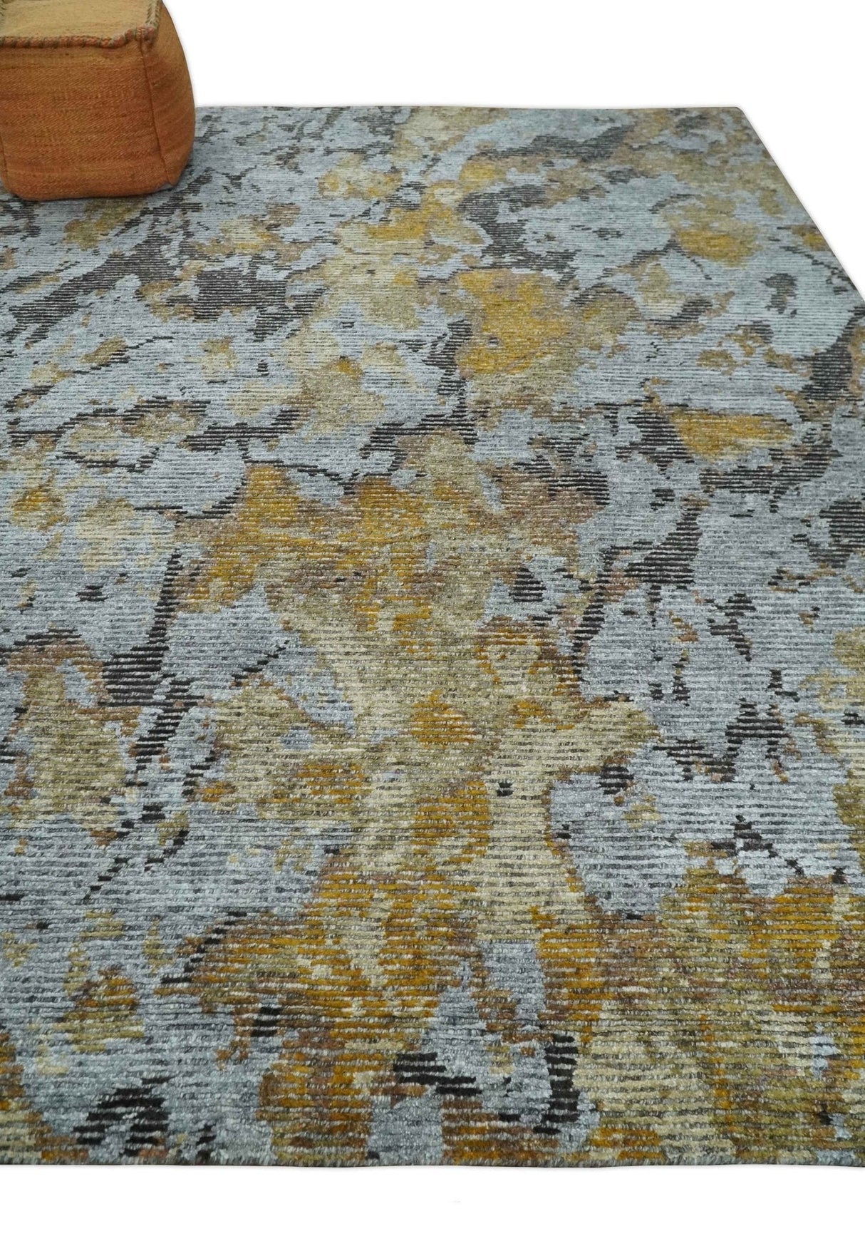 8x10 Silver, Charcoal and Gold Modern Abstract Handmade Wool and Art Silk Area Rug