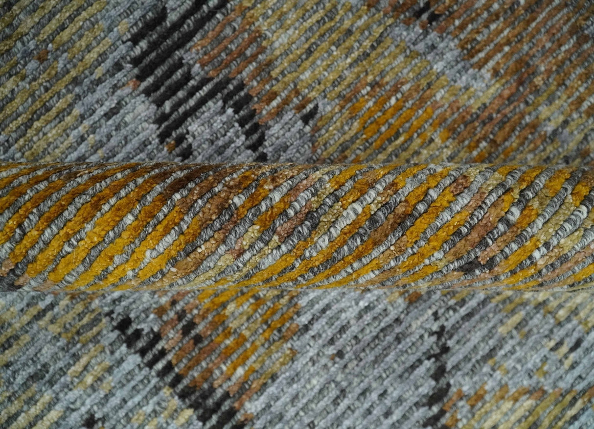 8x10 Silver, Charcoal and Gold Modern Abstract Handmade Wool and Art Silk Area Rug