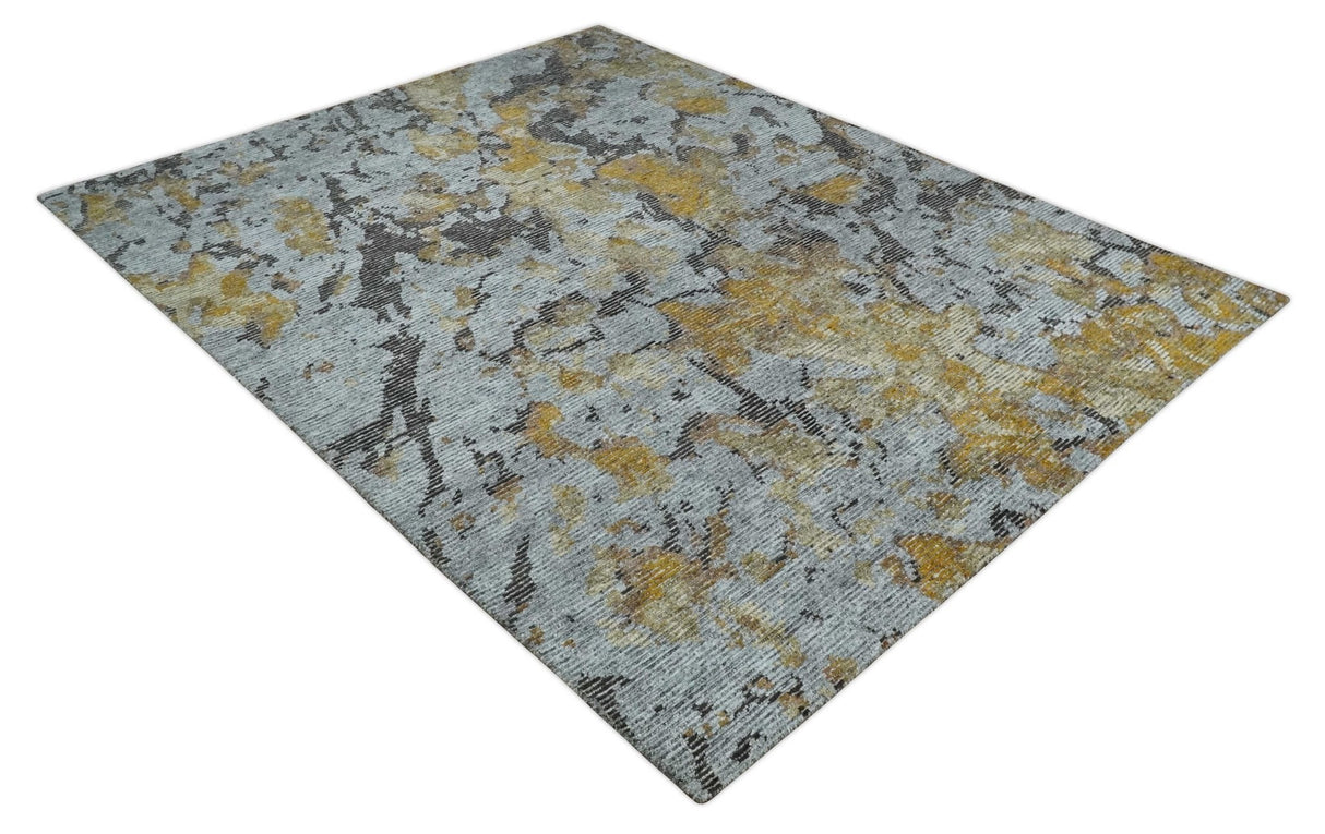 8x10 Silver, Charcoal and Gold Modern Abstract Handmade Wool and Art Silk Area Rug