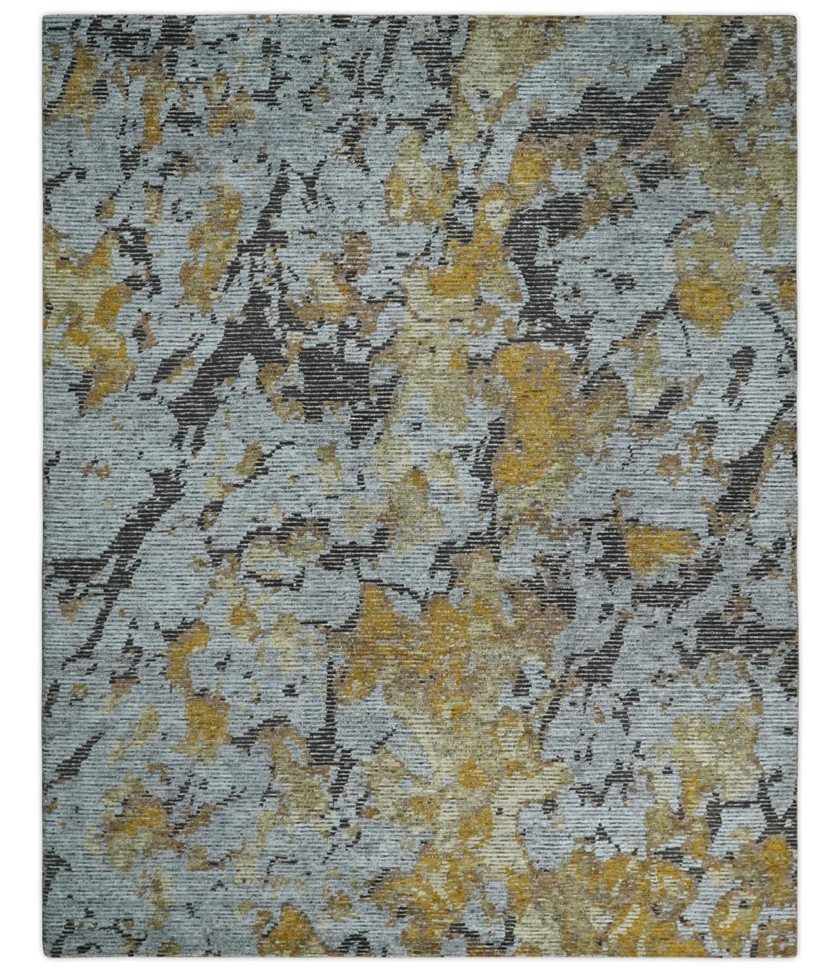 8x10 Silver, Charcoal and Gold Modern Abstract Handmade Wool and Art Silk Area Rug