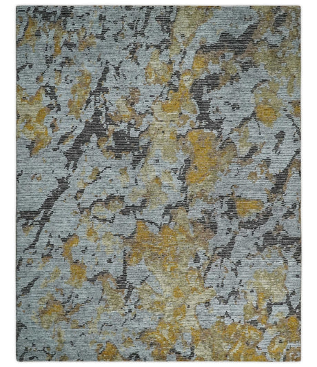8x10 Silver, Charcoal and Gold Modern Abstract Handmade Wool and Art Silk Area Rug