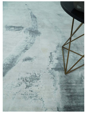 8x10 Silver, Ivory and Charcoal Modern Abstract Hand Loomed Art Silk Area Rug
