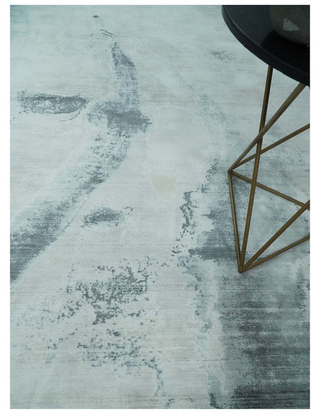 8x10 Silver, Ivory and Charcoal Modern Abstract Hand Loomed Art Silk Area Rug