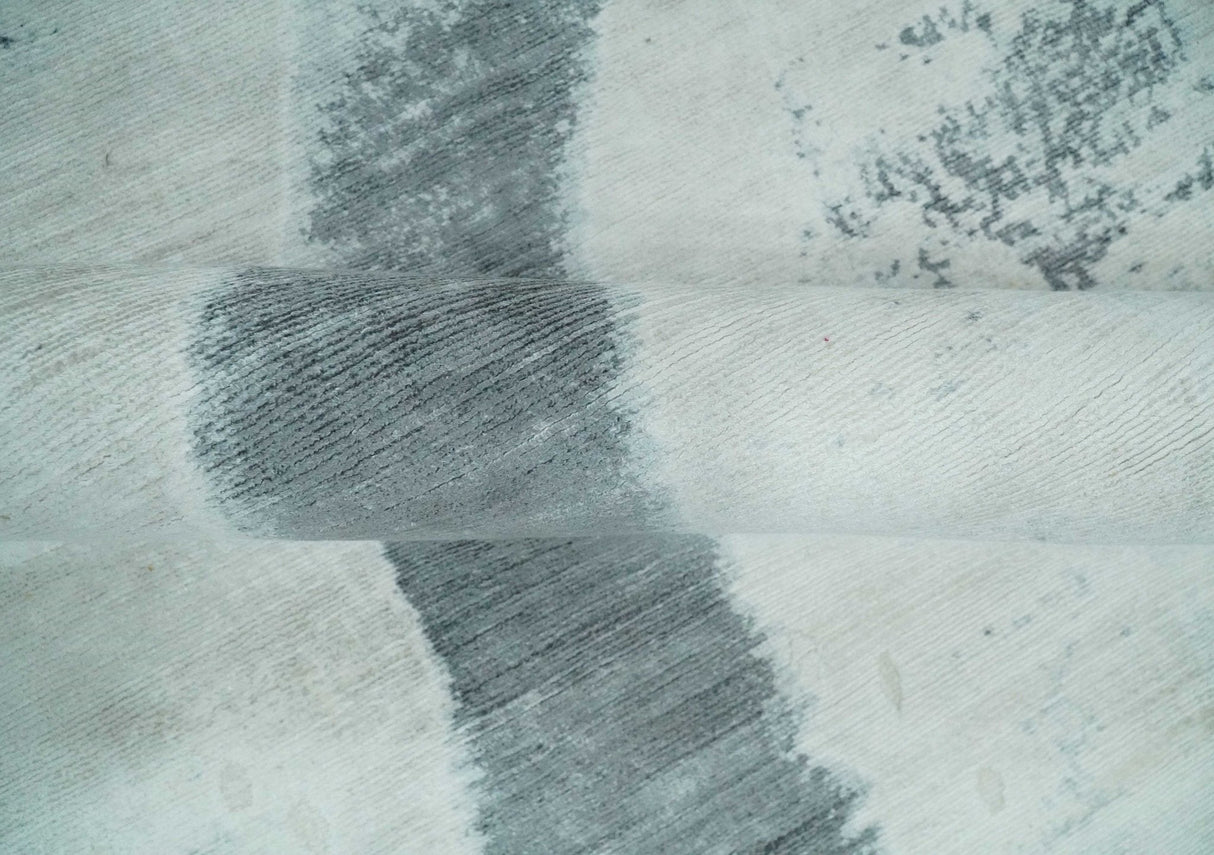 8x10 Silver, Ivory and Charcoal Modern Abstract Hand Loomed Art Silk Area Rug