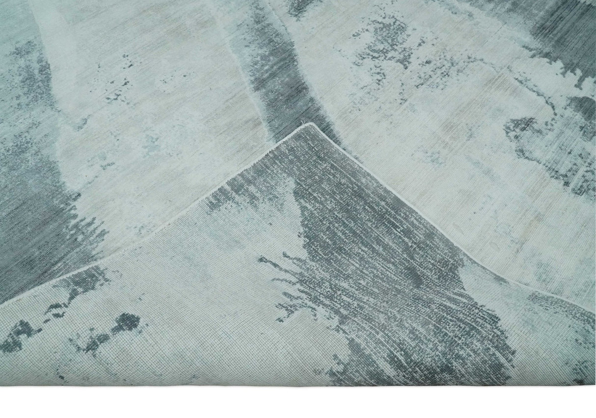 8x10 Silver, Ivory and Charcoal Modern Abstract Hand Loomed Art Silk Area Rug