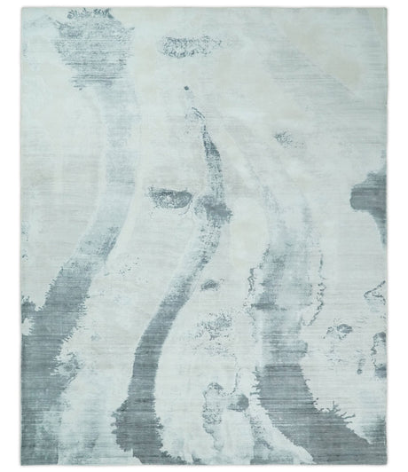 8x10 Silver, Ivory and Charcoal Modern Abstract Hand Loomed Art Silk Area Rug