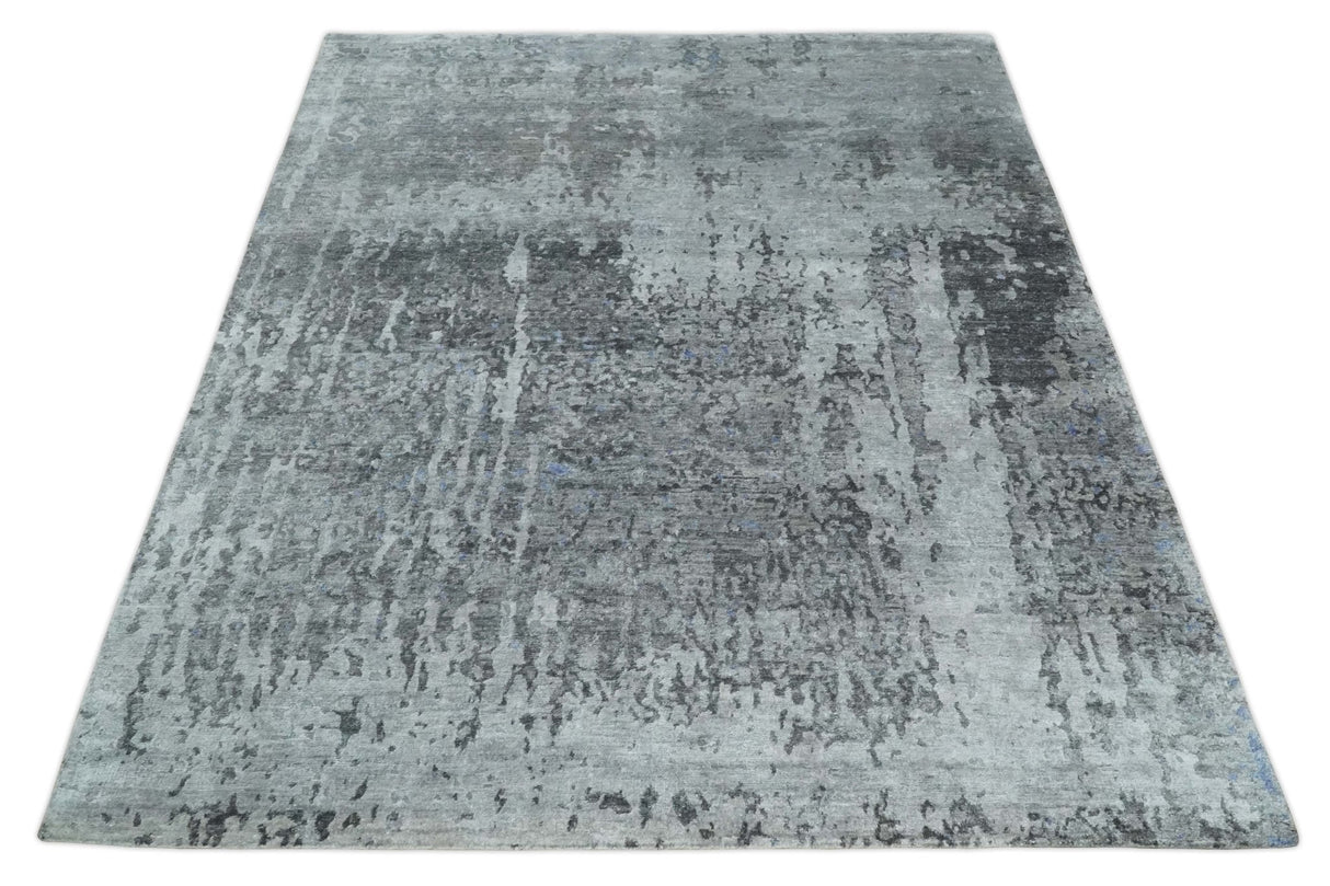8x10 Silver, Ivory and Charcoal Modern Abstract Handmade Bamboo Silk Area Rug