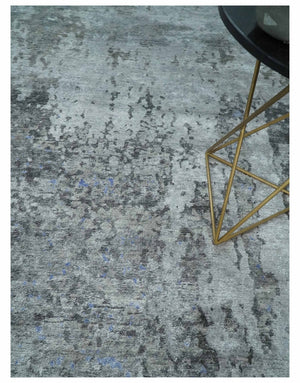 8x10 Silver, Ivory and Charcoal Modern Abstract Handmade Bamboo Silk Area Rug