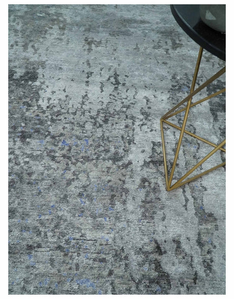 8x10 Silver, Ivory and Charcoal Modern Abstract Handmade Bamboo Silk Area Rug