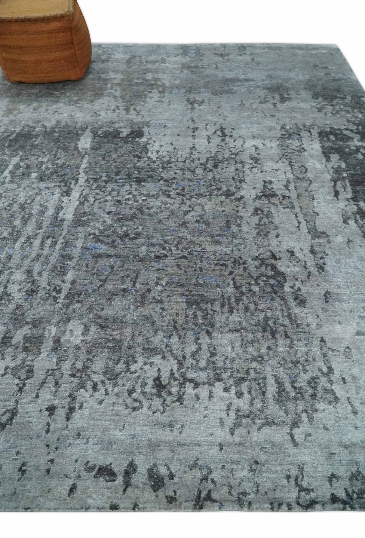 8x10 Silver, Ivory and Charcoal Modern Abstract Handmade Bamboo Silk Area Rug