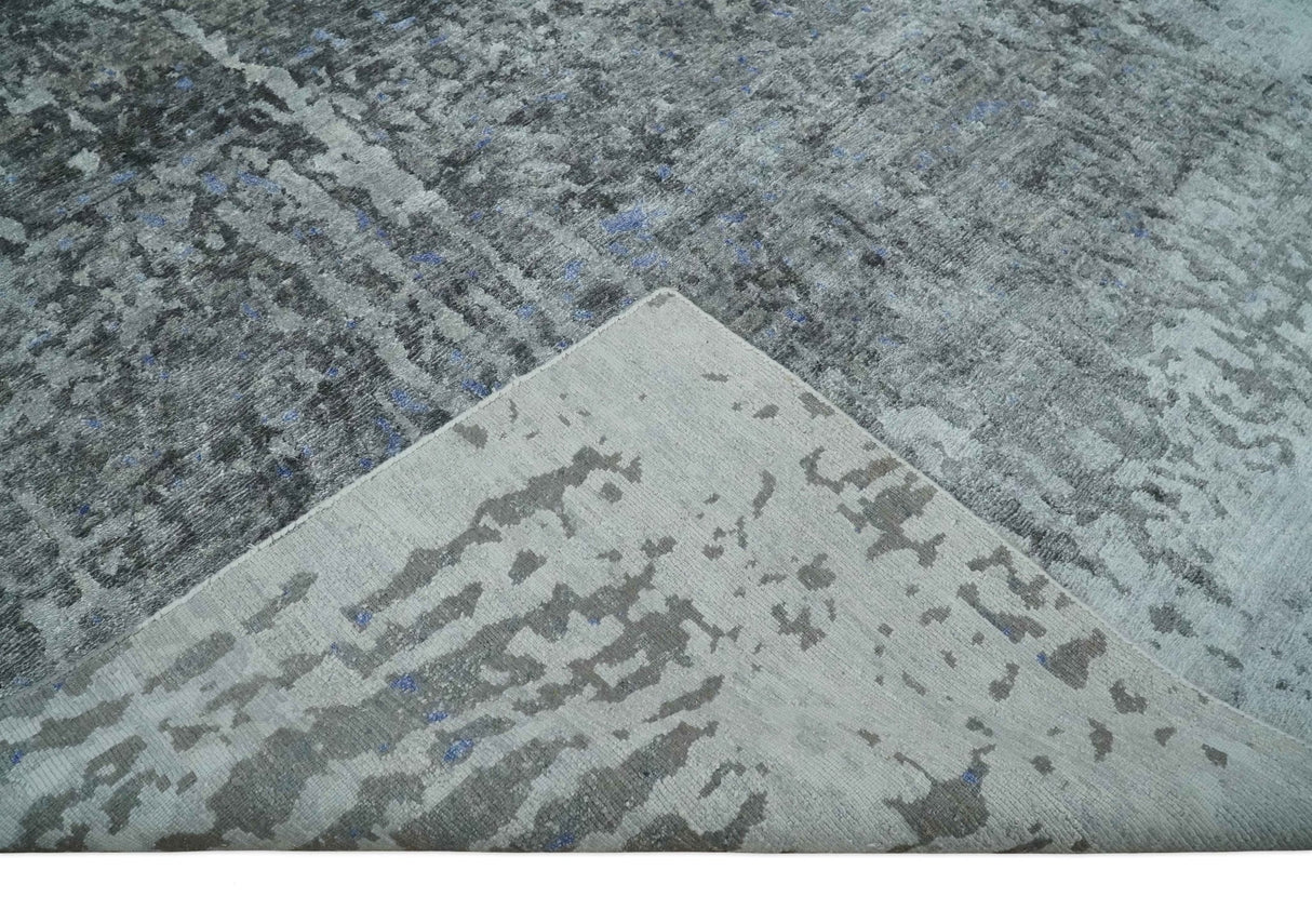 8x10 Silver, Ivory and Charcoal Modern Abstract Handmade Bamboo Silk Area Rug
