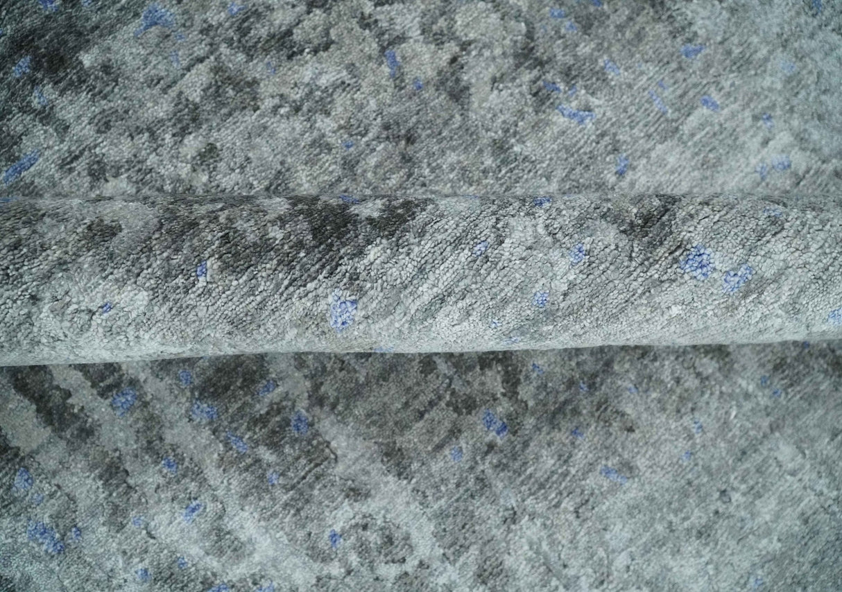 8x10 Silver, Ivory and Charcoal Modern Abstract Handmade Bamboo Silk Area Rug