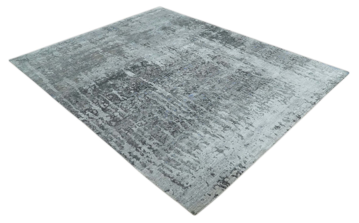 8x10 Silver, Ivory and Charcoal Modern Abstract Handmade Bamboo Silk Area Rug