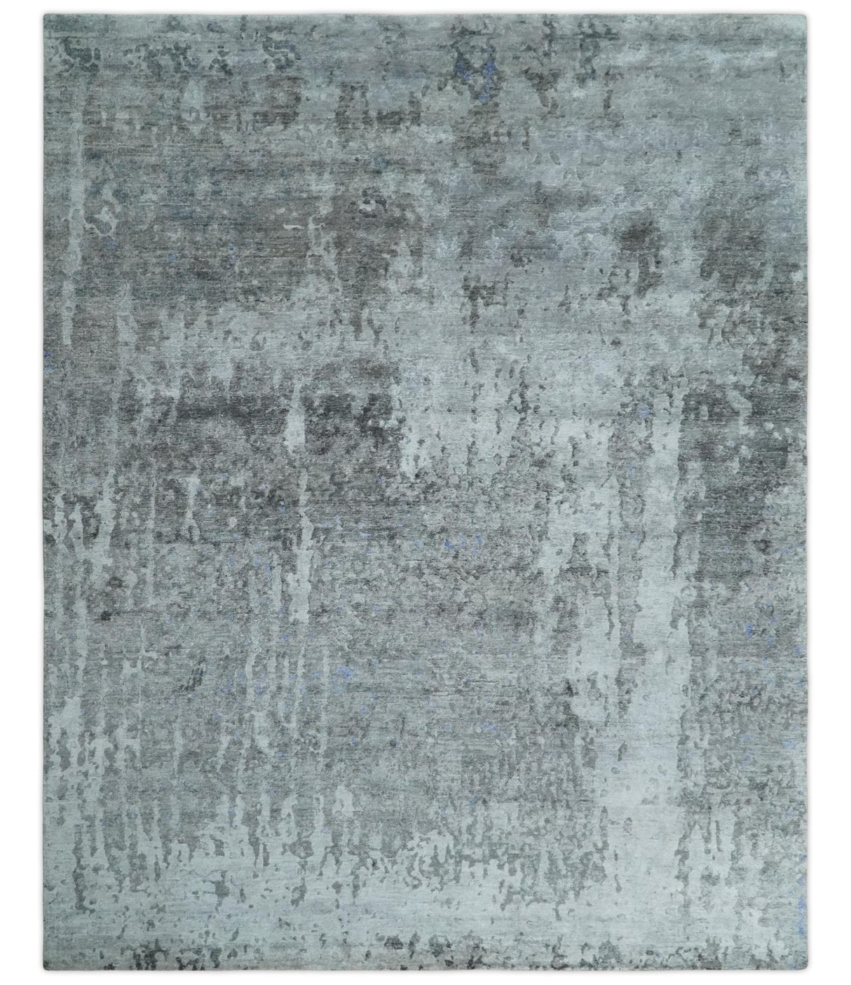 8x10 Silver, Ivory and Charcoal Modern Abstract Handmade Bamboo Silk Area Rug