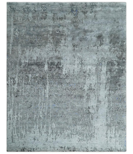 8x10 Silver, Ivory and Charcoal Modern Abstract Handmade Bamboo Silk Area Rug