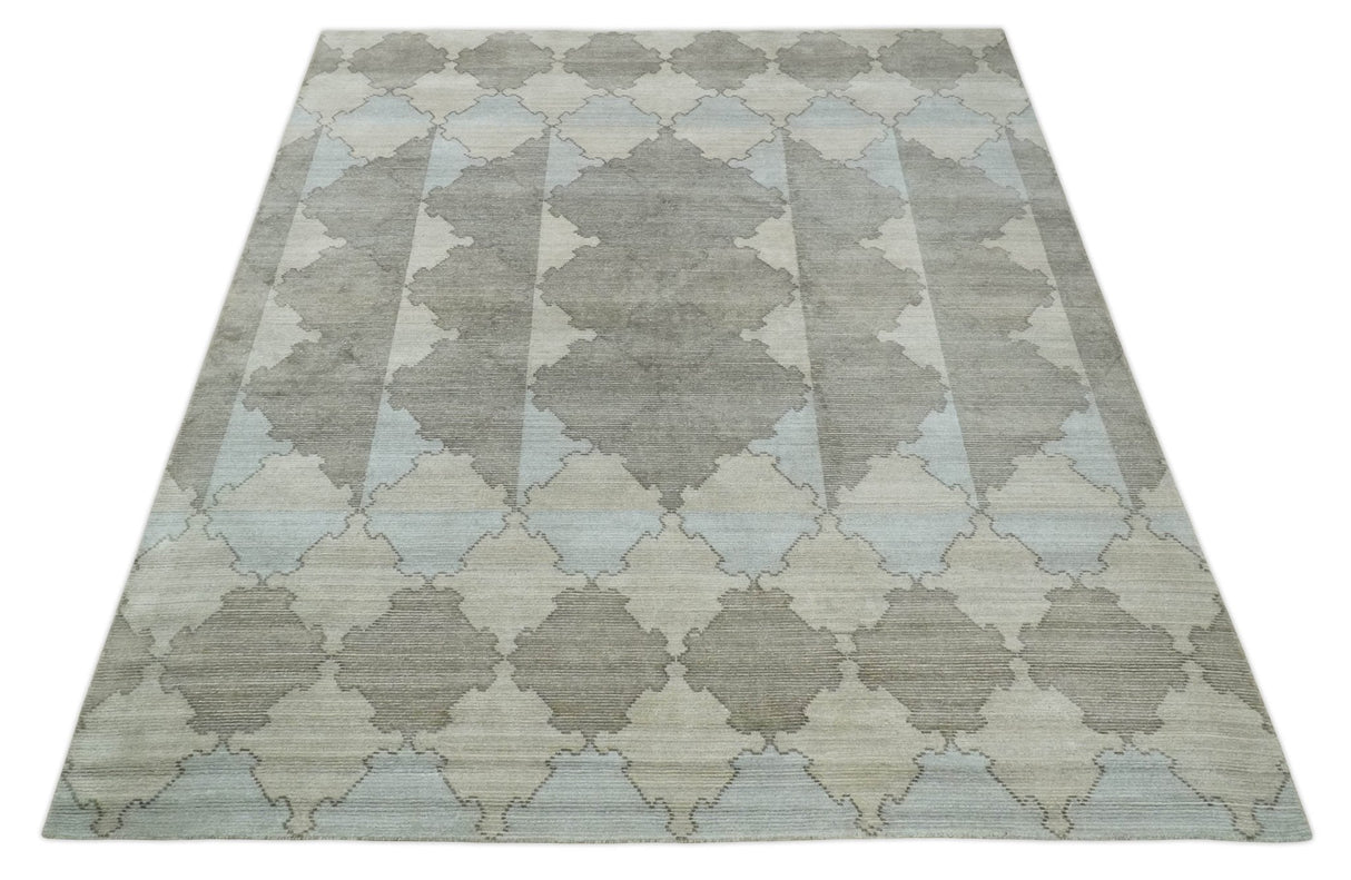 8x10 Silver and Gray Ikat design Handmade Art Silk Area Rug