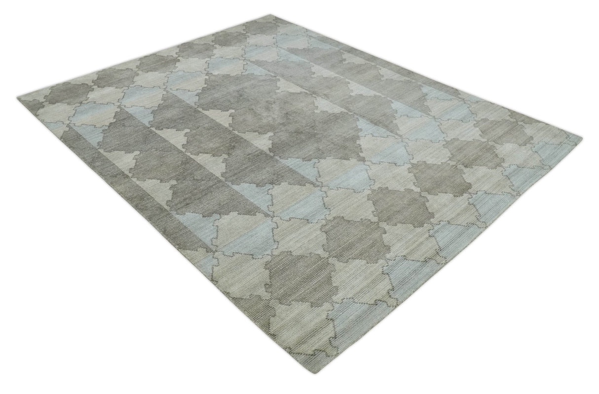 8x10 Silver and Gray Ikat design Handmade Art Silk Area Rug