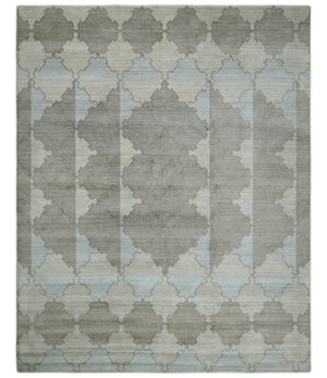 8x10 Silver and Gray Ikat design Handmade Art Silk Area Rug