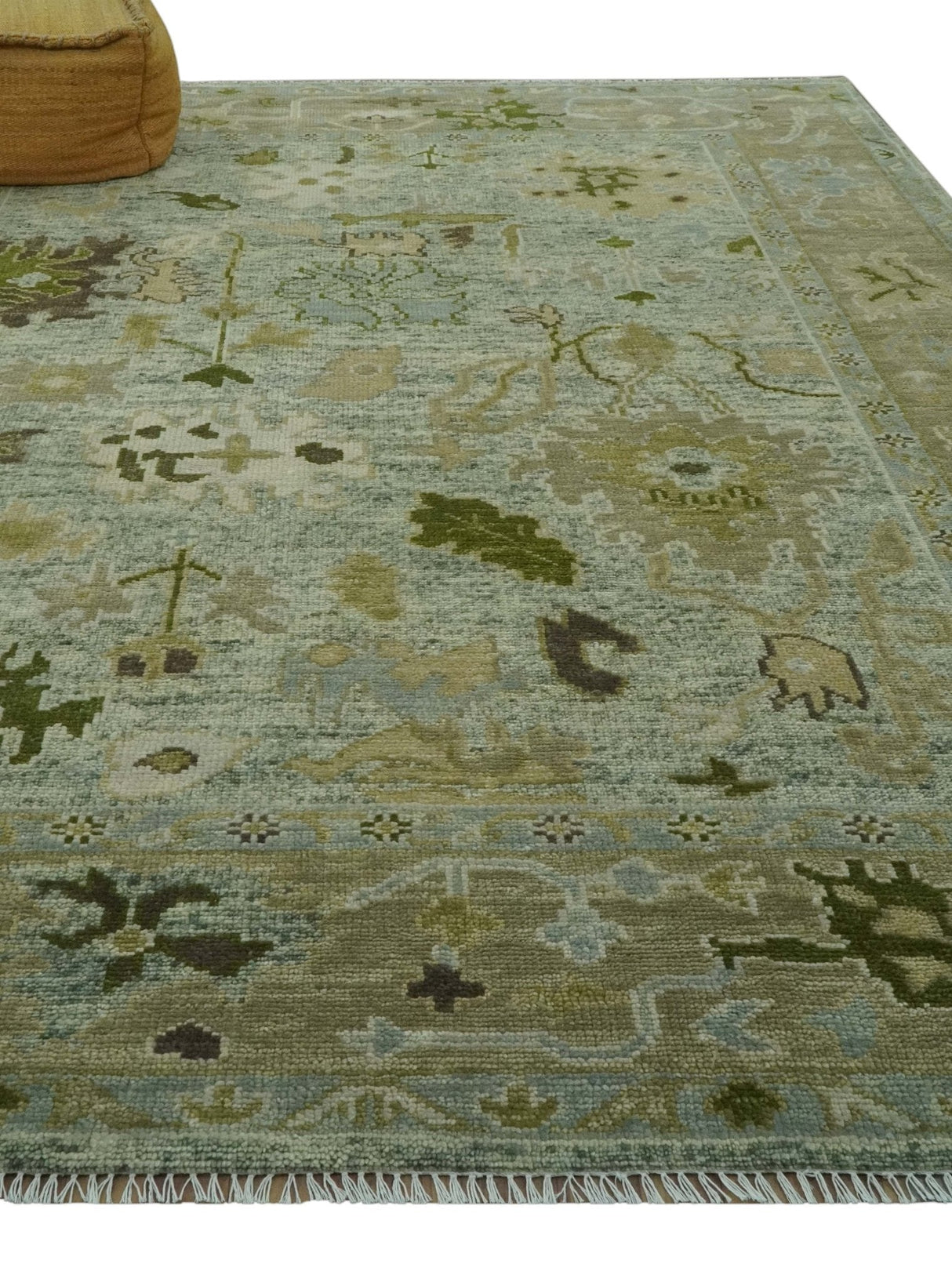 8x10 Silver and Green Hand Knotted Traditional Oushak wool area rug