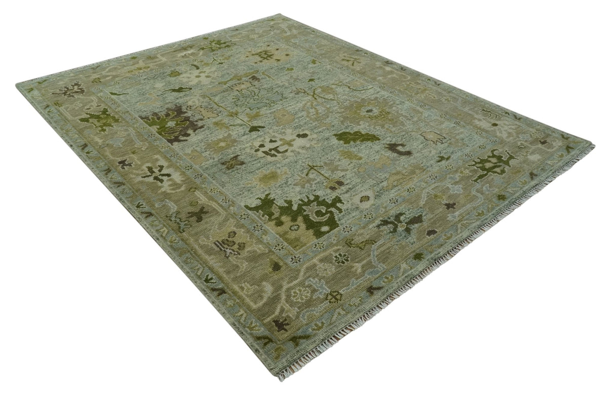 8x10 Silver and Green Hand Knotted Traditional Oushak wool area rug