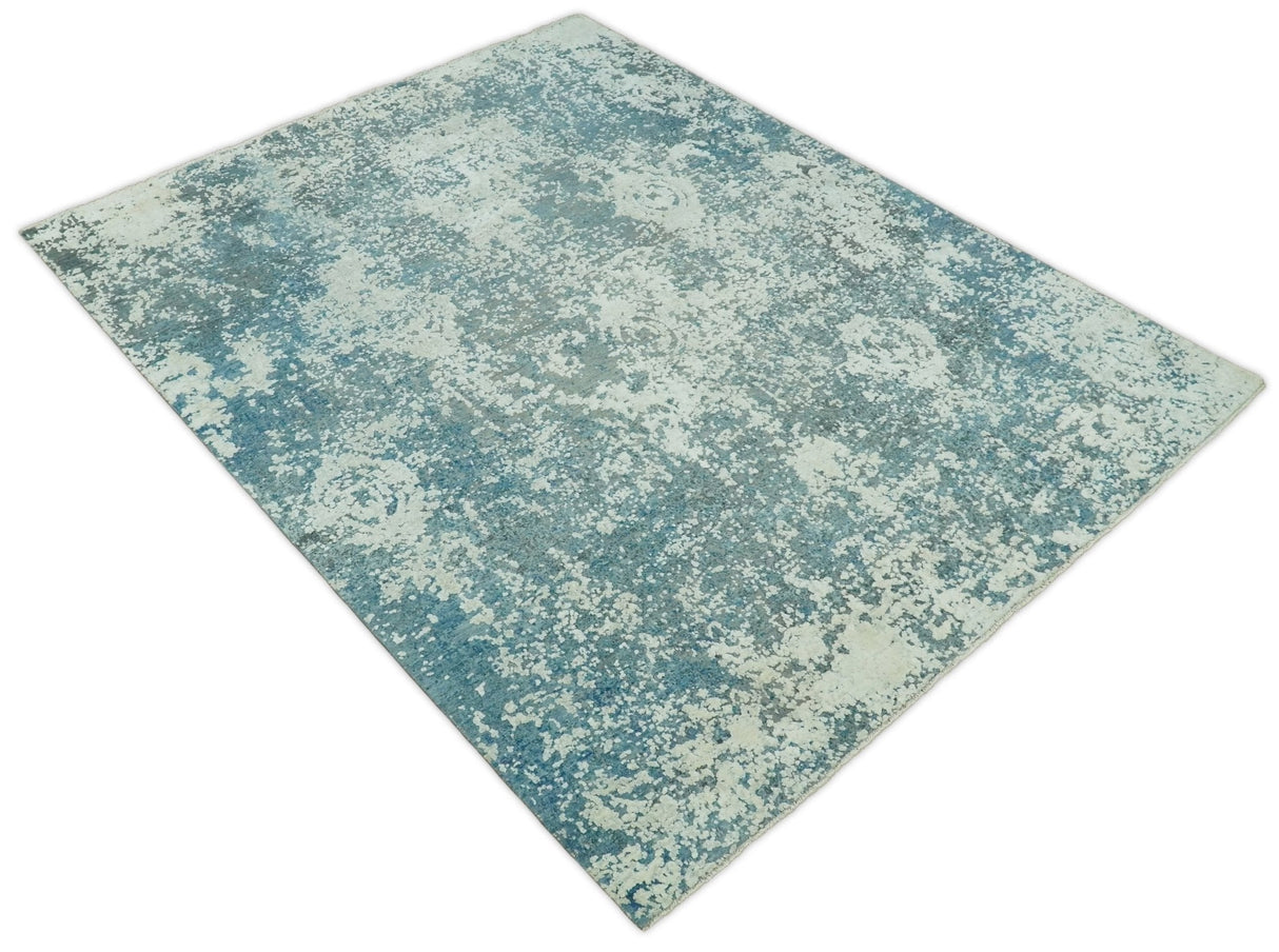 8x10 Silver and Green Pure Silk and Wool Abstract Area Rug | TRD1657810
