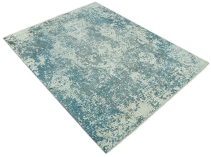 8x10 Silver and Green Pure Silk and Wool Abstract Area Rug | TRD1657810