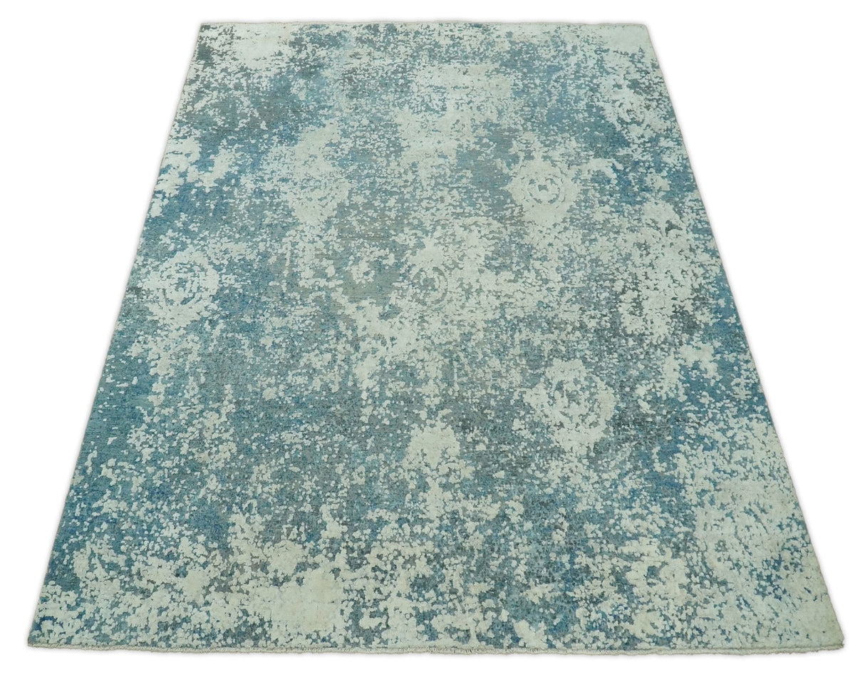 8x10 Silver and Green Pure Silk and Wool Abstract Area Rug | TRD1657810