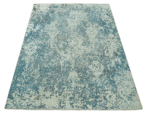 8x10 Silver and Green Pure Silk and Wool Abstract Area Rug | TRD1657810