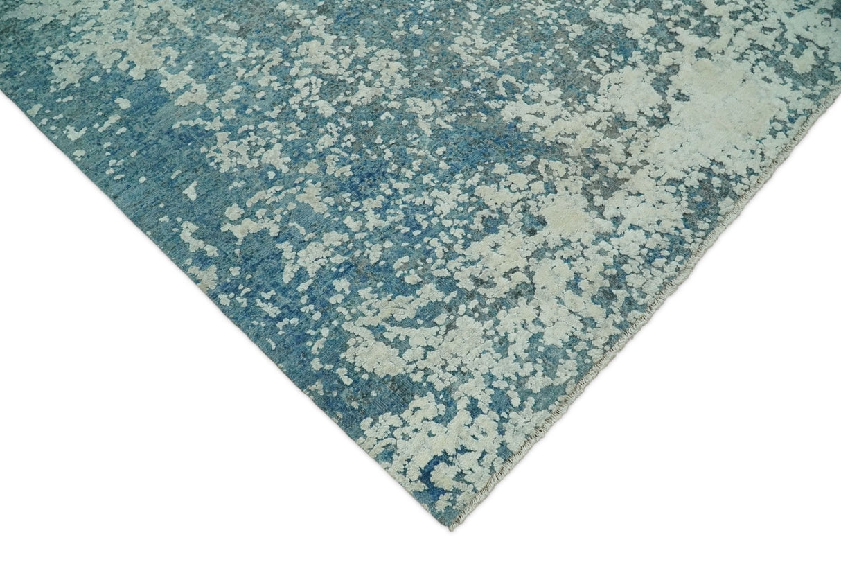 8x10 Silver and Green Pure Silk and Wool Abstract Area Rug | TRD1657810