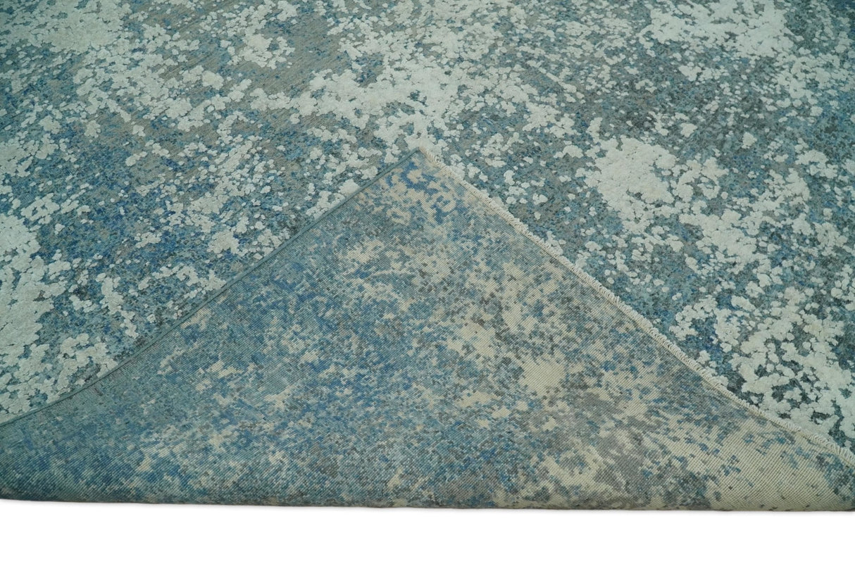 8x10 Silver and Green Pure Silk and Wool Abstract Area Rug | TRD1657810